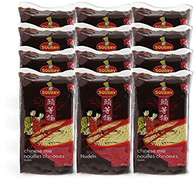 SOUBRY - Noodles, Fideos Chinos, Pasta estilo Oriental, Fideos Finos y Largos, Instantáneos, Listos en 4 Minutos - 12 x 250g