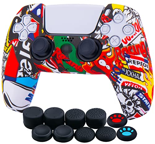 YoRHa Silicona Espesar Impresión Funda Piel Carcasas cubierta Compatible de PS5 Mando x 1 (Graffiti de calavera II) con Agarres para el Pulgar x 10