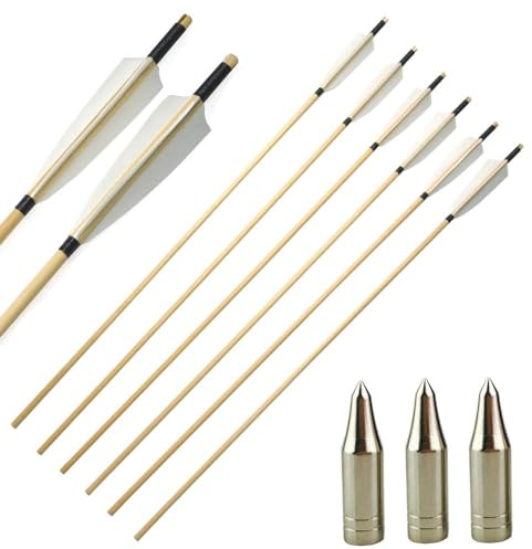 AMEYXGS 6 / 12pcs Holzpfeile Schaft mit 5 Real Feather Hunting Ziel Übungspfeil für Langbogen Traditioneller Bogen Recurve Bogen (typ3+Pfeilspitze, 6pcs)