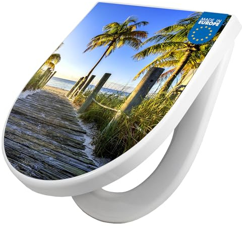 banjado WC Sitz mit Absenkautomatik D Form - Toilettendeckel mit Absenkautomatik D Form - Klodeckel Softclose - stabile Klobrille - Toilettensitz Weiß - Motiv Weg zum Strand