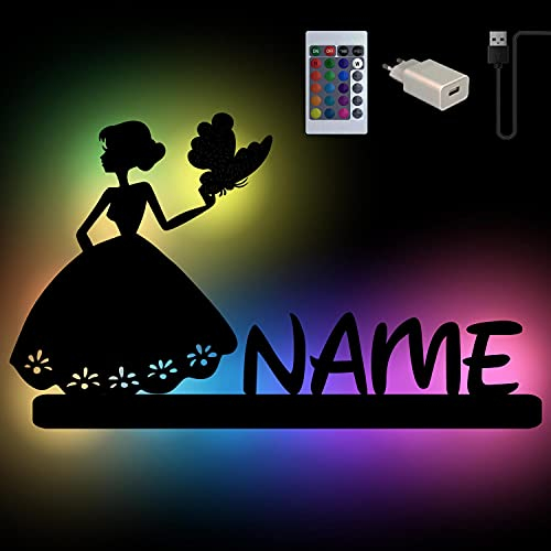 Schmetterling auf Prinzessin Farbwechsel Wand-Lampe Nachtlicht Geschenke mit Namen Schlummerlicht Holz Licht I USB + Fernbedienung