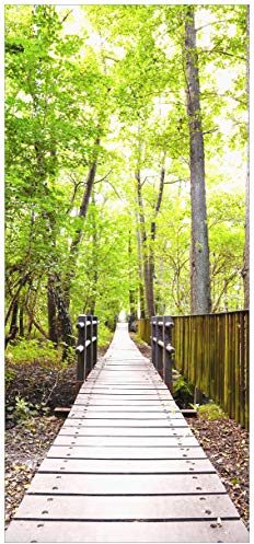 Wallario Selbstklebende Türtapete mit Schutzlaminat Spaziergang im Wald Holzweg über einen Fluss - Türposter 100 x 220 cm Abwischbar, rückstandsfrei zu entfernen