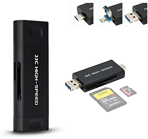 JJC Lecteur de Carte SD en métal, USB 3.1 Micro USB 2.0 Type-C 3.1, Adaptateur USB OTG pour Cartes mémoire UHS-II, UHS-I, SD, SDHC, SDXC, Micro SD, Micro SDHC, Micro SDHC, Micro SDXC, Noir