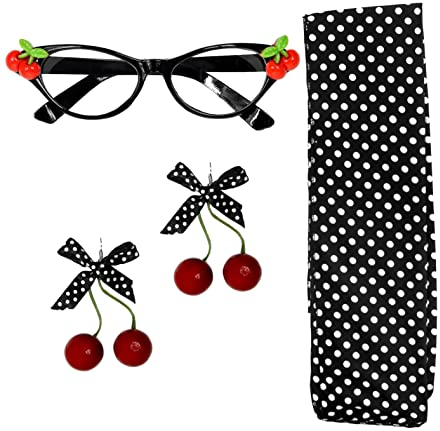 50er Jahre Damen Rockabilly Fifties Fancy Dress Cherry Set Brille Ohrringe Weiß/Schwarz Punkte Schal, Rot/Schwarz/Weiß, Einheitsgröße