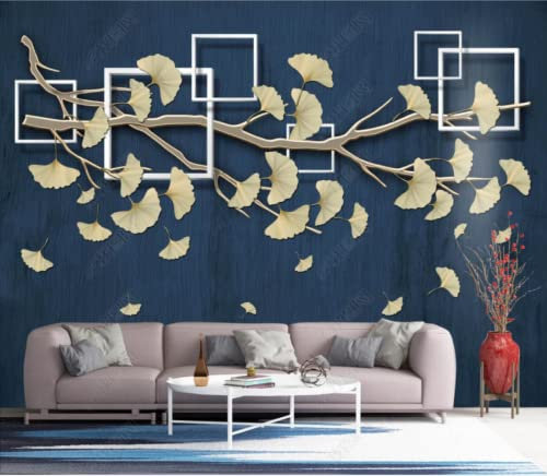 Wesmilewallpapaer Photo Wallpaper 3D Yellow Art Ginkgo Biloba Geometric Square Frame Blue Vintage Background 350x245cm Wall Paper Mural Poster