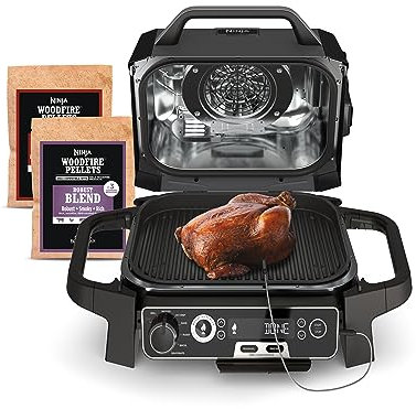 Ninja OG751 Woodfire Pro Thermomètre intégré pour barbecue en plein air, grill principal 7 en 1, fumoir de barbecue et friteuse en plein air plus cuire, rôtir, déshydrater et rôtir