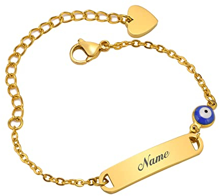 Baby Kind Armband mit Gravur Edelstahl Personalisierte Armbänder Tochter|Gravierbare Kinderarmkette|Taufarmband Junge Mädel| Böser Blick Charme Name Babyarmband Taufgeschenke(Gold)