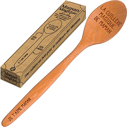 Cuillère de Cuisine en Bois huilé avec gravures Je t'aime Maman et La Cuillère Magique de Maman | Idée Cadeau Unique pour la Fête des Mères | Accessoire de Cuisine en Hêtre | OriginalCup®