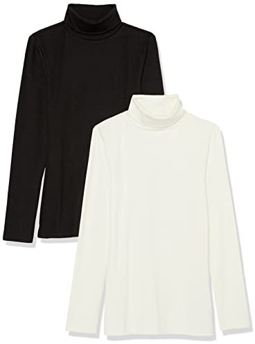 Amazon Essentials Top Interior en Punto Acanalado con Cuello Alto, Manga Larga y Corte Entallado (Disponible en Tallas Grandes) Mujer, Pack de 2, Cáscara de Huevo/Negro, XXL
