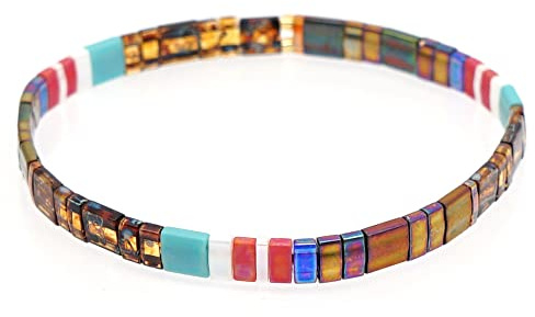 Townshine Fliesenarmband, Multicolor, Boho-Stil, Japanisches Miyuki Armband, elastisches Armband für Frauen, 6.5 Inches, Koralle, Kristall