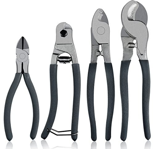 Wire Cable Cutters Set (Heavy Duty Industrial Grade 4 Piece Set) Includes 10 & 8 Wire Cutters, 8 Cable Cutter, & 6 Diagonal Cutting Pliers - Perfect for Cutting Electrical Wire, Rope, & Cables
