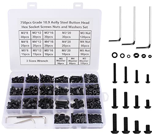 Ticeed 750Pcs Schrauben Muttern Sortiment Set Kohlenstoffstahl Innensechskant M3 M4 M5 Gewindeschrauben Dübel Set mit Unterlegscheiben Innensechskantschlüsseln in Sortimentskasten (Schwarz 250 Set)