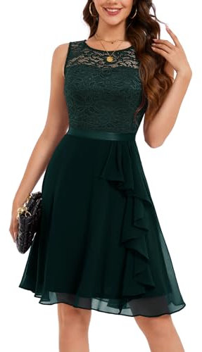 Berylove - Vestido de cóctel elegante con dobladillo de volantes para mujer, para boda, vestido de noche corto, verde oscuro, XL