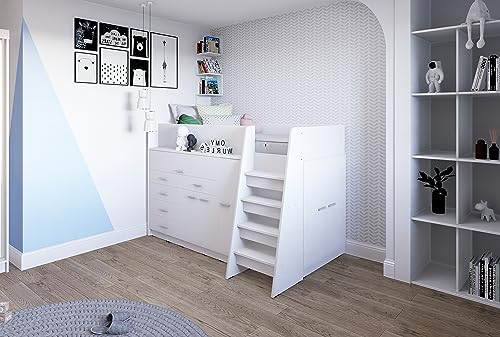Marlux-Meble Hochbett JSM-1 80x190 TREPPE RECHTS 129 cm Hoch mit Kleiderschrank Schreibtisch Schränke Matt Funktionsbett Etagenbett Stockbett Kinderhochbett Jugendhochbett (Weiß Matt)