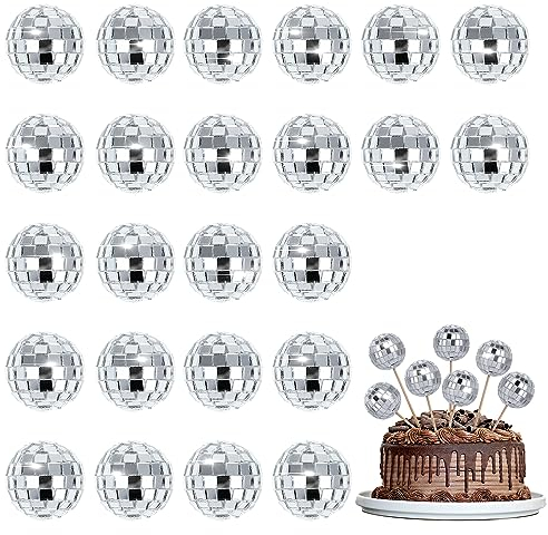 24 Pack Small Disco Ball Cupcake Toppers - Retro Glam Cupcake Toppers & Christmas Tree Ornaments, Mini Disco Balls Party Favors for 70s Theme, Birthday & Pub Parties (Silver)