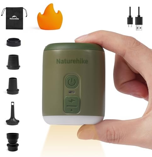 Naturehike 1600 mAh USB-C Rechargeable Battery Air Pump Mini Portable Electric Air Pump with Light, 6 Nozzles, Multiple Uses, ArmyGreen