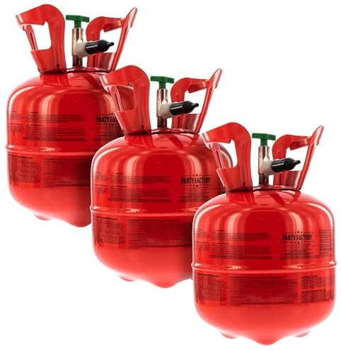 Party Factory Ballongas-Set aus 3x 0,14m³/140l Helium für je 20 Luftballons, 3 Einwegflaschen mit Heliumgas und Füllventil für Heliumballons
