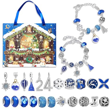 Lyneun Adventskalender Schmuck, Weihnachten Adventskalender Kinder, Adventskalender Mädchen, weihnachtskalender kinder, 24 teiliges weihnachtliches DIY-Armband-Set für Weihnachten(blau)