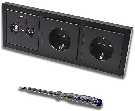 Busch Jäger SET: 2-Loch Durchgangsdose, Frequenz 5-2400 MHz, Radio/TV/SAT-Kompatibilität inkl. Future Linear Schwarz MATT Rahmen + 2x Steckdose 20EUC-885 + EBROM Phasenprüfer zur Montage d. Geräte