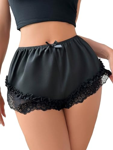 WDIRARA Women's Contrast Lace Bow Front Frill Trim Mesh Satin Brief Underwear Black L