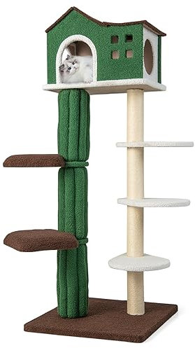 COSTWAY Arbre à Chat en Forme de Cactus et en Peluche Mohair, Centre d'Activités pour Chat à Multi-Plateformes avec Griffoir et Condo, Tour à Chat avec Dispositif Anti-Basculement, 58,5 x 58,5 x 153CM