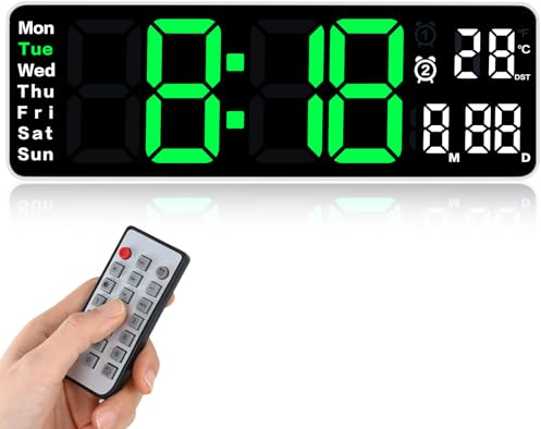 Fuloon Digitale Wanduhr,USB Wanduhr mit 13-Zoll-Großdisplay,LED-Digitaluhr mit Fernbedienung,Timing und Countdown,digitaler Wecker mit Datum,Woche,Temperatur (Grün, 13 Zoll)