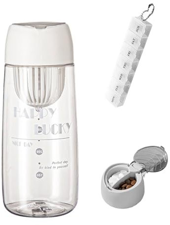 Pillendose 7 Tage 2 in 1 - Tragbare Wasserflasche mit Pillendose, Trinkflasche mit Medikamentenbox für Camping, Reisen, Outdoor, Schule (weiß)