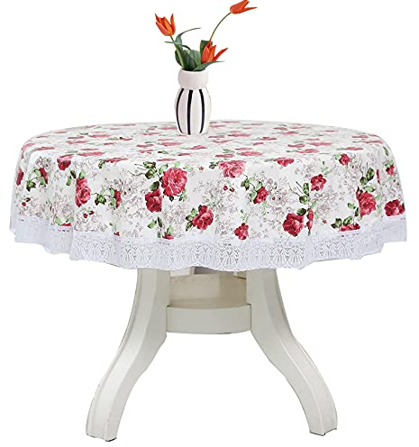 Qililandiy 180cm Tischdecke Abwaschbar Rund Tischtuch Wasserdicht Pflegeleicht Tischdeko mit Lace Verzierung für Wohnzimmer Party Küche Esszimmer (Rose)