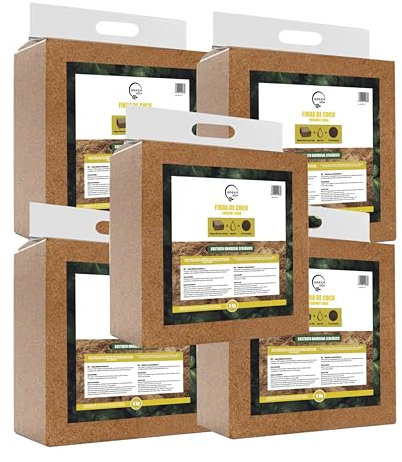GREENGOF Fibra de Coco Orgánica, Pack 5 Bloques x 5Kg (70L) - Ladrillo compactado. Sustrato de Origen 100% Natural. para Huertos urbanos, Terrarios, Todo Tipo de Plantas y Vermicomposteras.