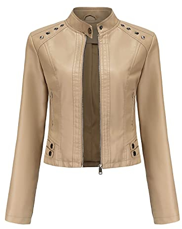 TDNEKMCA Damen-Jacke Aus Pu-Leder Mit Kragen, Kunstleder-Reißverschluss, Warme Biker-Jacke Mit Stehkragen Und Nieten, Schlanke Punk-Herbst-Winter-Klassische Lässige Motorrad-Lederjacke, Aprikose, L