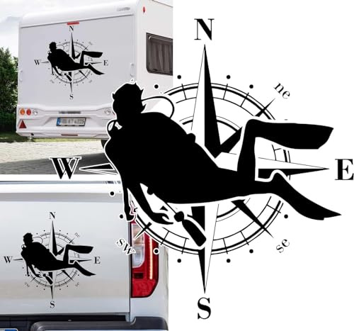 Rakelfix Autocollant boussole plongeur plongée plongée eau autocollant personnalisable camping-car voiture autocollant boussole rose des vents campeurs