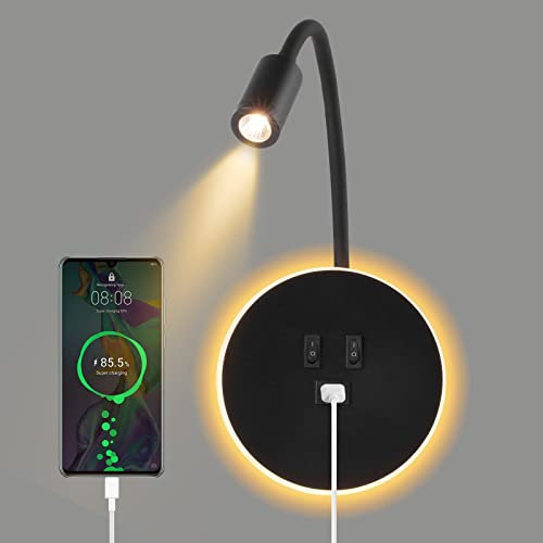 Weigudoc 3 in 1 Lampada da Parete LED, 8W+3W Lampada a Collo d'Oca per Montaggio a Parete con 2 Interruttori e Ricarica USB, 360° Lampada LED a Collo d'Oca Orientabile, Nero