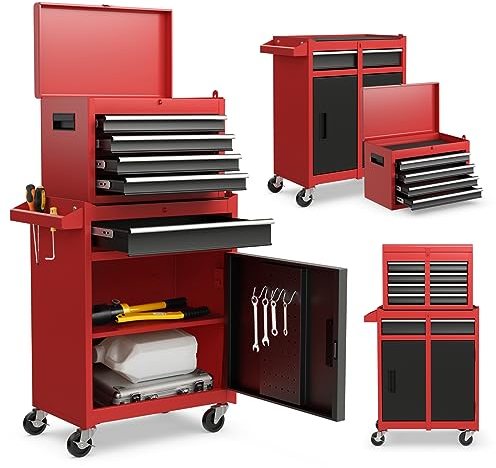 GYMAX Werkstattwagen mit 5 Schubladen, 2 in 1 Werkzeugschrank mit Haken, verstellbarem Regal & Universalrädern, Werkzeugwagen für Garage, Lager & Werkstatt (Schwarz+Rot)