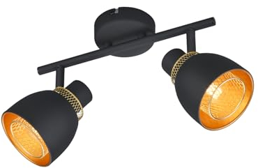 meineWunschleuchte 2-flammiger Deckenstrahler aus Metall Schwarz mit Drahtgitter Gold, Breite 28cm