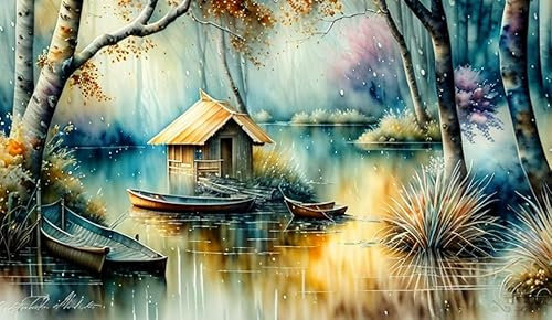 ZHAOSHAN Leinwandbilder, Poster, 58 x 90 cm, ohne Rahmen, das Holzhaus im Wald, See, Aquarell