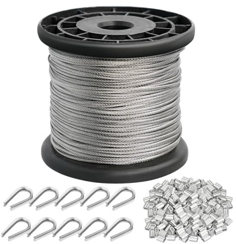 TooTaci 1.5mm Garden Wire, 100M Stainless Steel Cable Rope, 7x7 Strand Plant Wire Rope, Weatherproof Trellis Wires Kit for Climbing Plants, Picture Hanging & Outdoor Garden Use