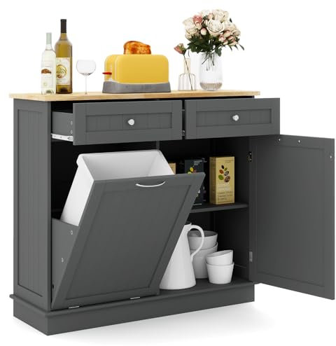 TANGZON Tilt Out Trash Can Cabinet, 2-Door Sideboard with Trash Bin Hamper, Rubber Wood Countertop & Drawers, Freestanding Pet Proof Laundry Cabinet Storage Cupboard, Bin Not Included (Grey)