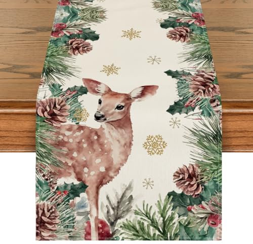 Artoid Mode Chemin de table de Noël - Flocons de neige - Cerf sika - Pommes de pin - Décoration de table de cuisine d'hiver - Décoration intérieure, vacances, fête - 40 x 140 cm