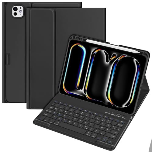 KBCASE Tastatur Hülle für iPad Pro 11 Zoll M4 2024 Hülle mit Deutsche Bluetooth Tastatur mit Bleistifthalterung für iPad Pro 11 Zoll M4 2024, QWERTZ Layout,Schwarz