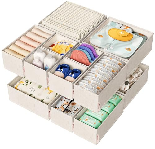 ZenStorage Baumwoll-Leinen-Schubladen-Organizer für Babykleidung, 12er-Pack Mehrgrößen-Kommoden-Trennwände für Kleidung, Premium faltbare Aufbewahrungsboxen für Schlafzimmer, Schrank und Wickeltisch