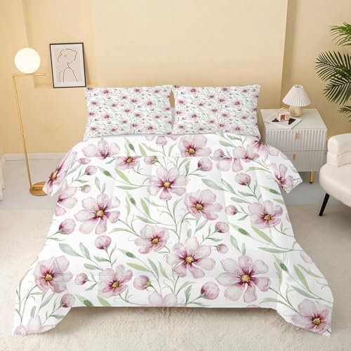 Beige Geblümt Bettdecke 135x200 4 Jahreszeiten, Wende Steppdecke 135x200, Warme Ganzjahresdecke Grüne Pflanzen Bettdecke ohne Bezug Waschbar Schlafdecke mit 2 Kissenbezug 80x80cm