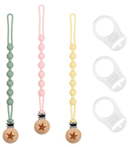 Babywnoss - 3 Catenella Portaciuccio in Silicone - 3 adattatori - Catenella Ciuccio (rosa, giallo e verde)