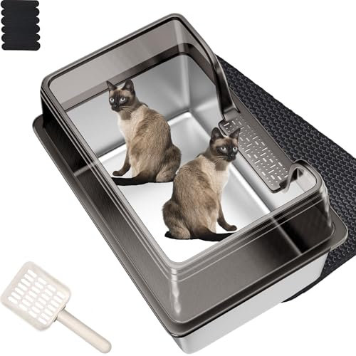 Pawsayes Stainless Steel Cat Litter Tray with High Wall High Sided Cat Litter Box For Large Cats Anti-Spillage Detachable Enclosure Metal Litter Tray (60x40x35) (Transparent, XL)