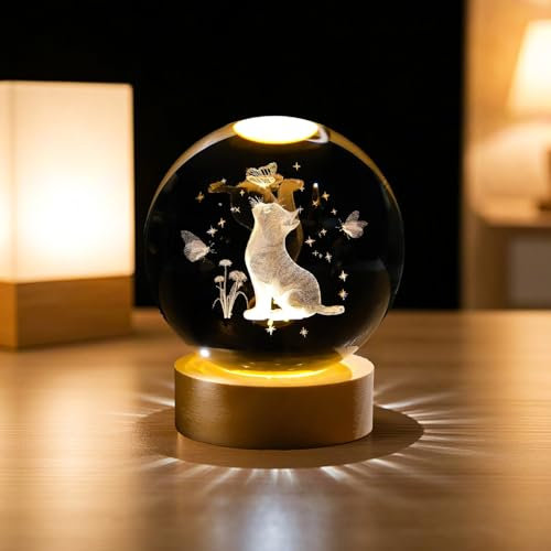 AMFUN 3D Luz Nocturna con Bola de Cristal, Gatito Mariposa Esferas Curativas Naturales, Lámpara de Bola LED con Base de Madera, para Ideas de Decoración de Oficina en Casa de Estilo Moderno
