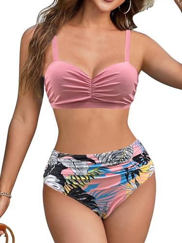 JFAN Costume da Bagno Donna 2 Pezzi A Vita Alta Ruched Bikini Classico Push Up Reggiseno Beachwear Bandeau Removibile Swimwear Rosa S