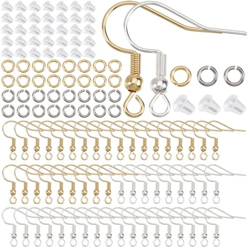 SOFPLATE 1 Box 160 Sets Fishhook Earring Hooks French Earring Wires with Earring Backs Real 18K Gold 925 Sterling Silver Stainless Steel Dangle Fish Hook Ear Findings for Jewellery Making DIY Crafting