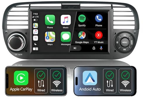 Autoradio wireless carplay per Fiat 500 2007-2015,Schermo IPS da 7,Stereo Fiat 500 supporta Android auto e Mirrorlink,SWC originale,Bluetooth,Microfono,AM FM RDS,USB,DSP/Subwoofer,navigatore (nero)