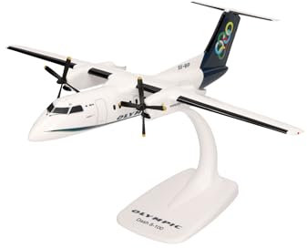 Herpa Snap-Fit Modellflugzeug Olympic Air DHC-8-100 Miniatur im Maßstab 1:100, Sammlerstück, Modell mit Standfuß, Kunststoff