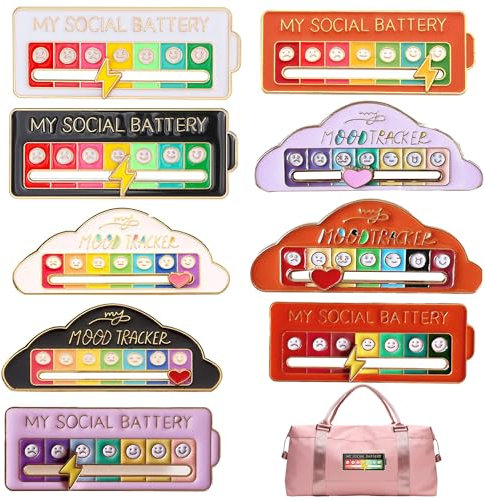 MZSX 9 Stück Social Battery Pins, ​Stimmung Pin Badge, Lustige Brosche für Soziale Stimmung für 7 Tage, verstellbare Emotionsumschaltung, Niedlich Kreativ Ausdruck Pin Brosche, für Rucksäcke Jacken