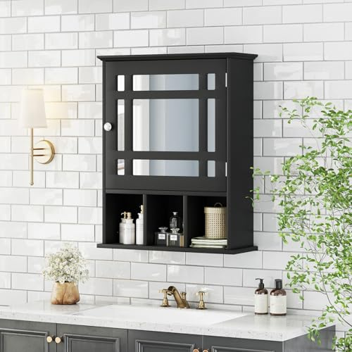 CASART Wall Mounted Bathroom Cabinet, Single Door Storage Mirrored Cupboard with Adjustable Shelf and 3 Open Compartments, Wooden Mirror Organizer for Bedroom, Living Room, Bathroom (Black)